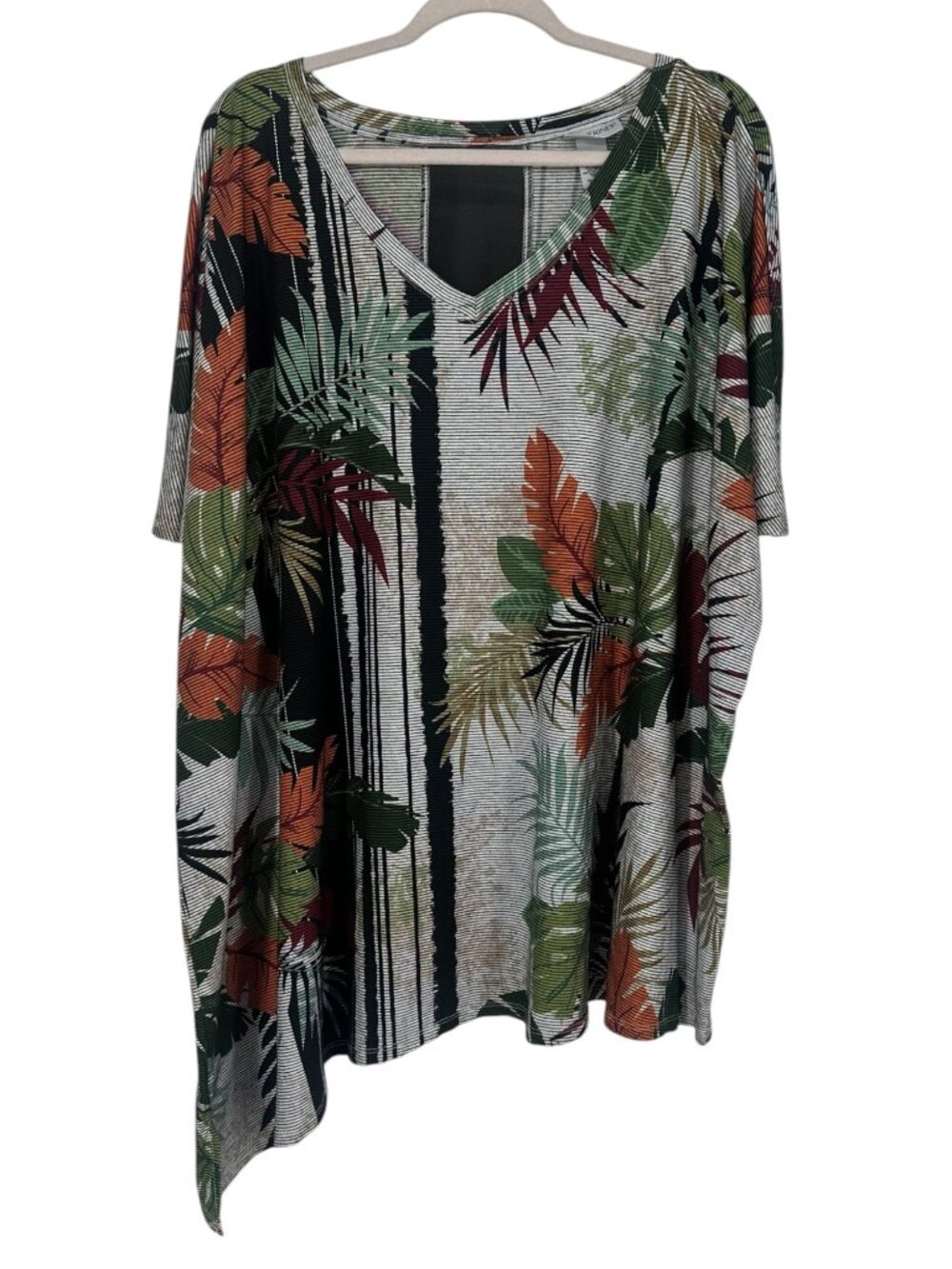 Catherines Tunic Top 3X Tropical Leaf Asymmetrical Poncho Bohemian VNeck Stretch